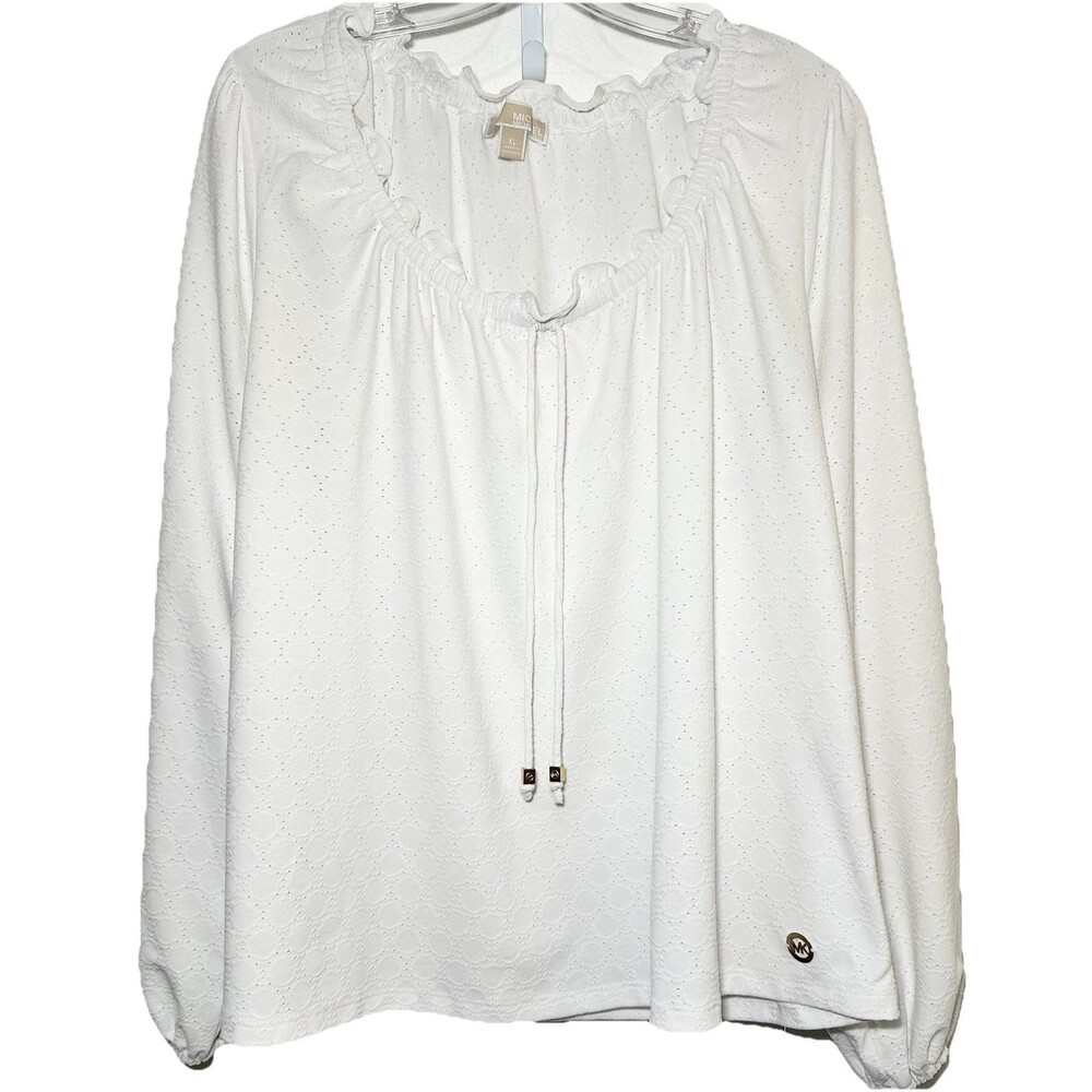 Michael Kors White Eyelet Peasant Blouse XL Boho Tie Neck Long Sleeve